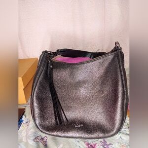 Coach Metallic Black Pebbled Leather Shoulder Bag